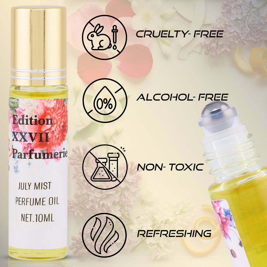 July Mist Perfume Oil capture the gentle beauty of a summer morning with Jasmine, Lilac, and Citrus blend in Jojoba Oil- Alcohol free - Net. 10 ML