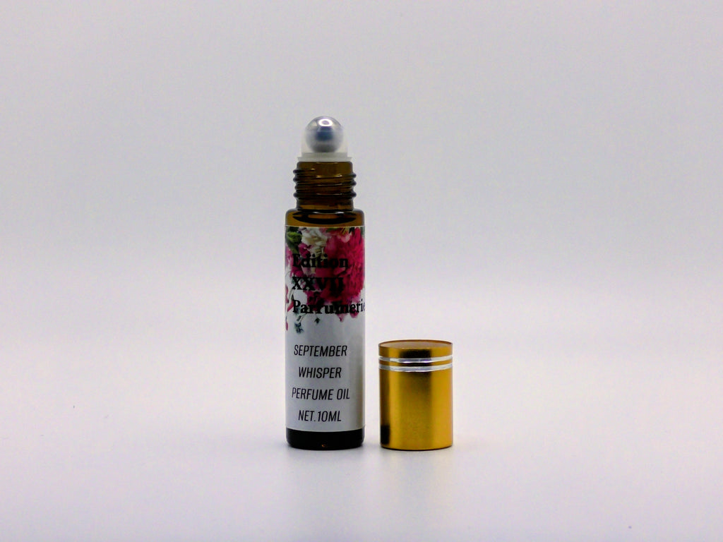 September Whisper Perfume Oil Roll-On -A soft, calming blend of Gardenia, Lily, Orange, and Roman Chamomile. Net. 10 ml