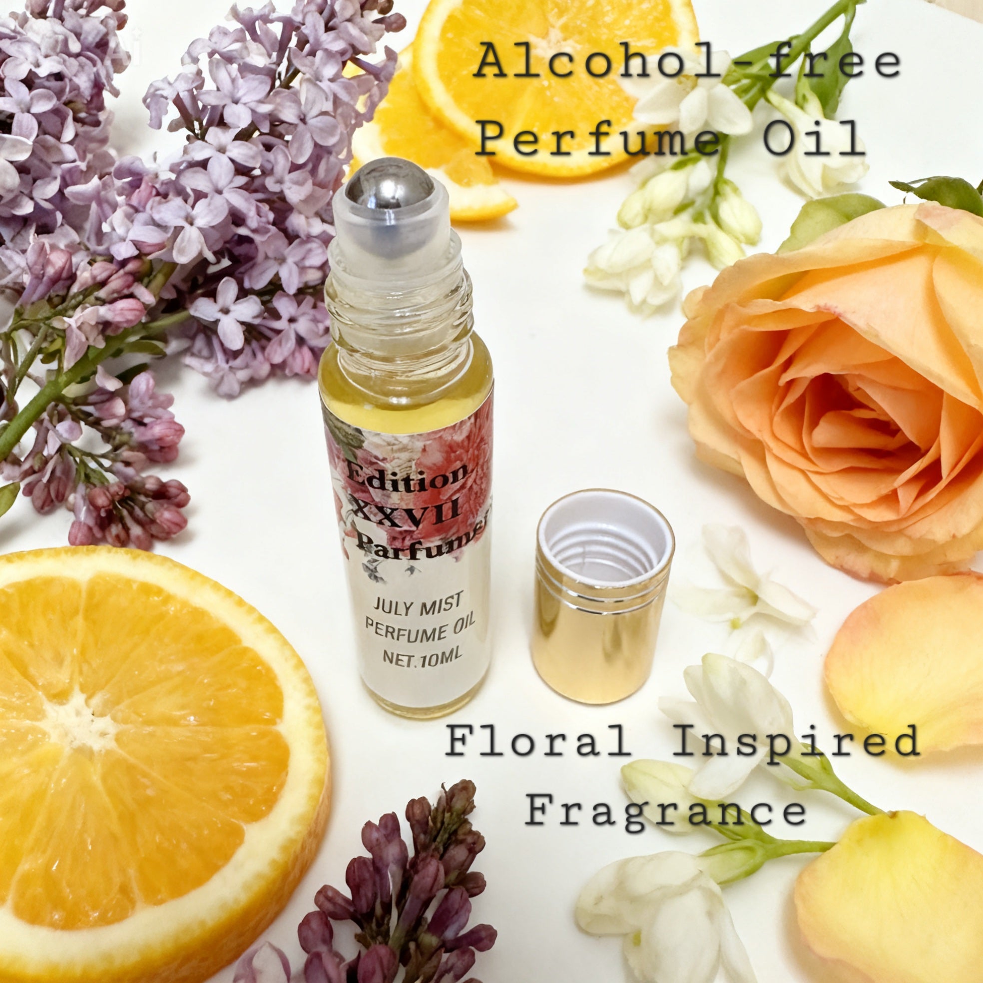 July Mist Perfume Oil capture the gentle beauty of a summer morning with Jasmine, Lilac, and Citrus blend in Jojoba Oil- Alcohol free - Net. 10 ML