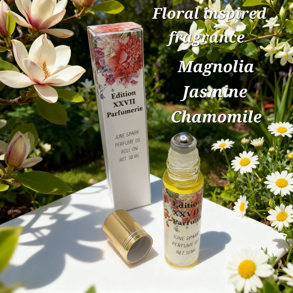 June Spark Perfume Oil Roll-on. This elegant fragrance combines the delicate beauty of Magnolia and Jasmine with the uplifting freshness of Orange. Net. 10 ML
