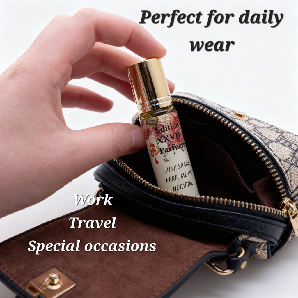 June Spark Perfume Oil Roll-on. This elegant fragrance combines the delicate beauty of Magnolia and Jasmine with the uplifting freshness of Orange. Net. 10 ML