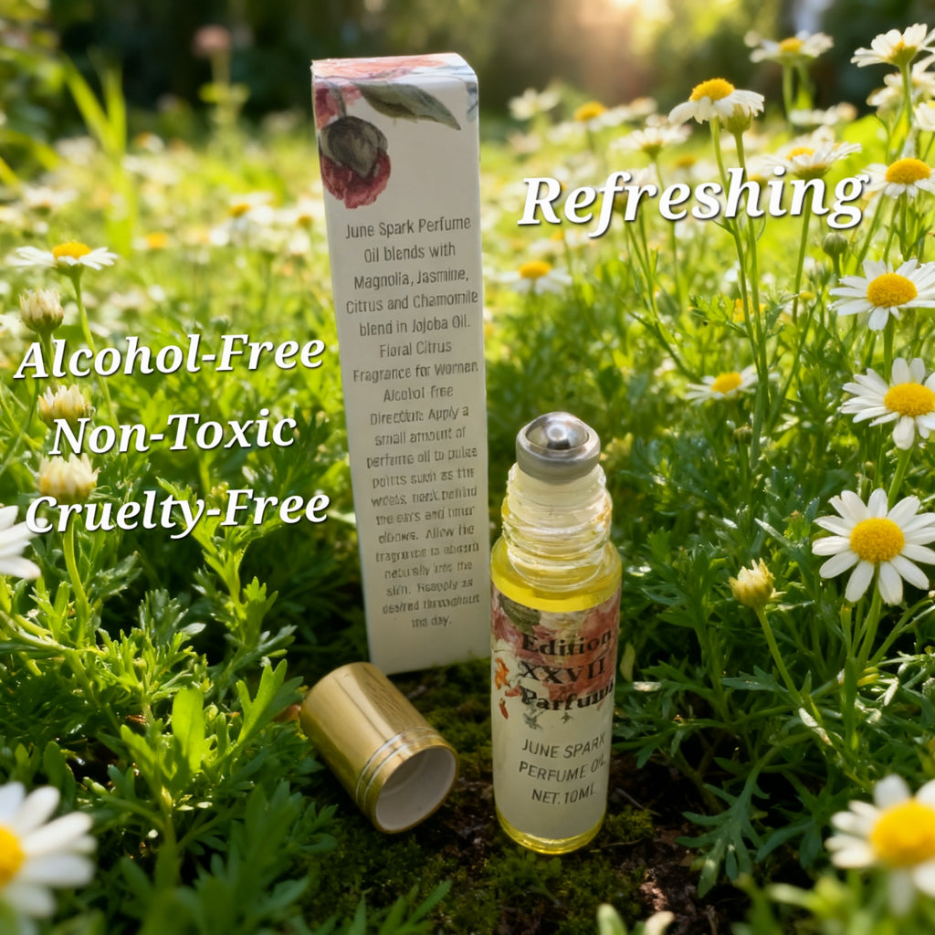 June Spark Perfume Oil Roll-on. This elegant fragrance combines the delicate beauty of Magnolia and Jasmine with the uplifting freshness of Orange. Net. 10 ML