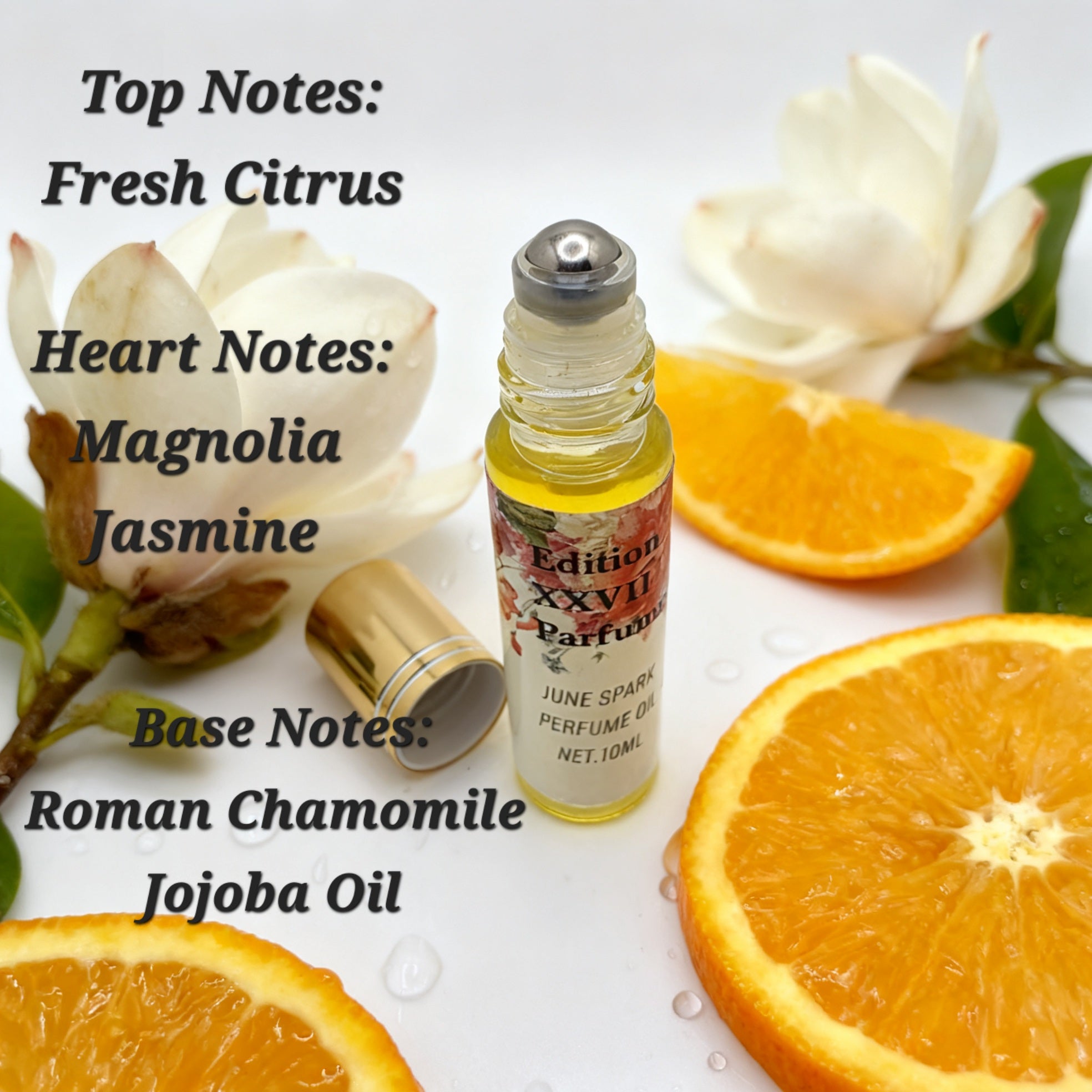 June Spark Perfume Oil Roll-on. This elegant fragrance combines the delicate beauty of Magnolia and Jasmine with the uplifting freshness of Orange. Net. 10 ML
