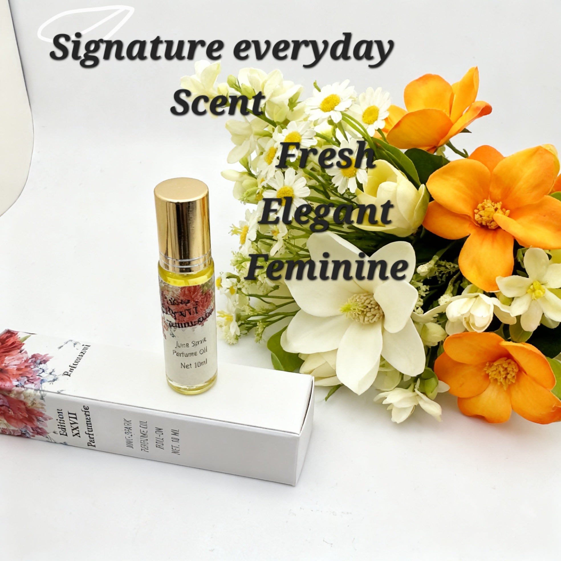 June Spark Perfume Oil Roll-on. This elegant fragrance combines the delicate beauty of Magnolia and Jasmine with the uplifting freshness of Orange. Net. 10 ML